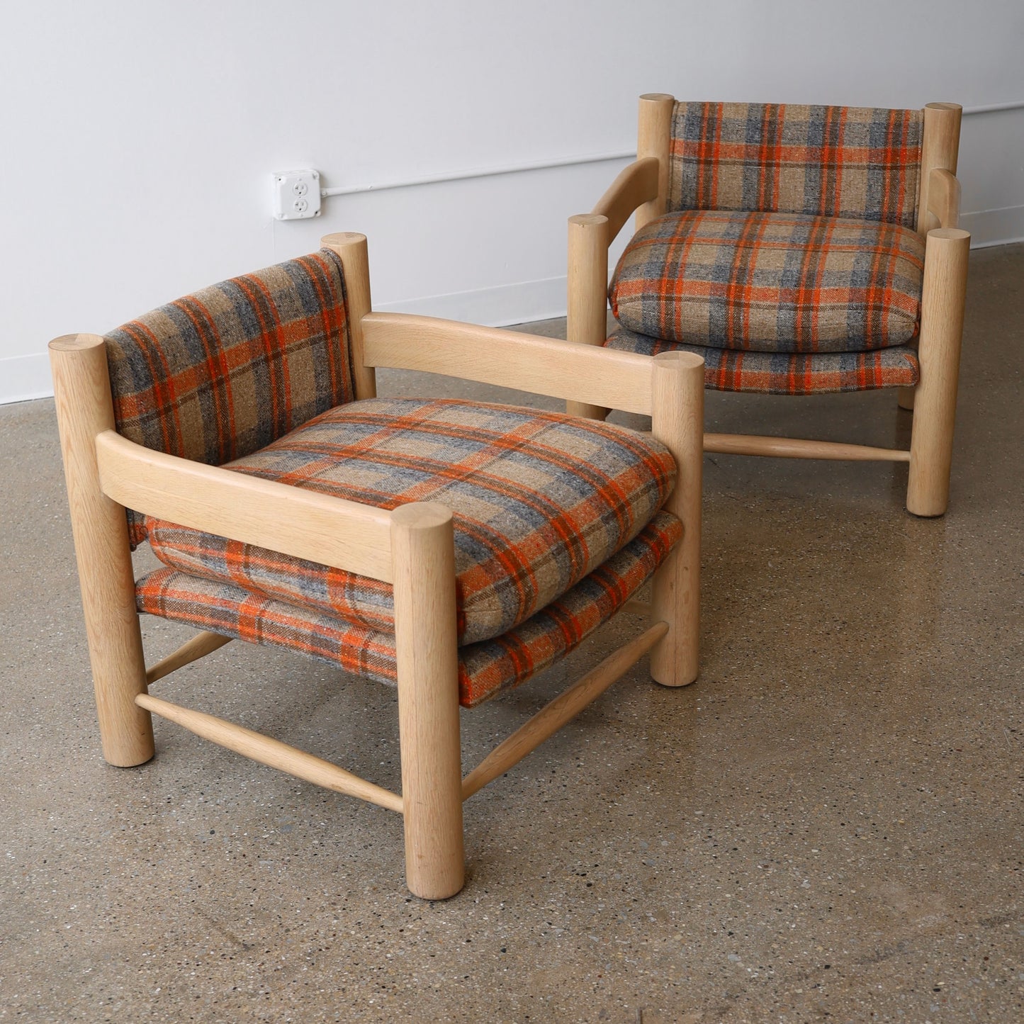 1980s White Oak Chairs in Pierre Frey Virgin Wool Plaid, a pair