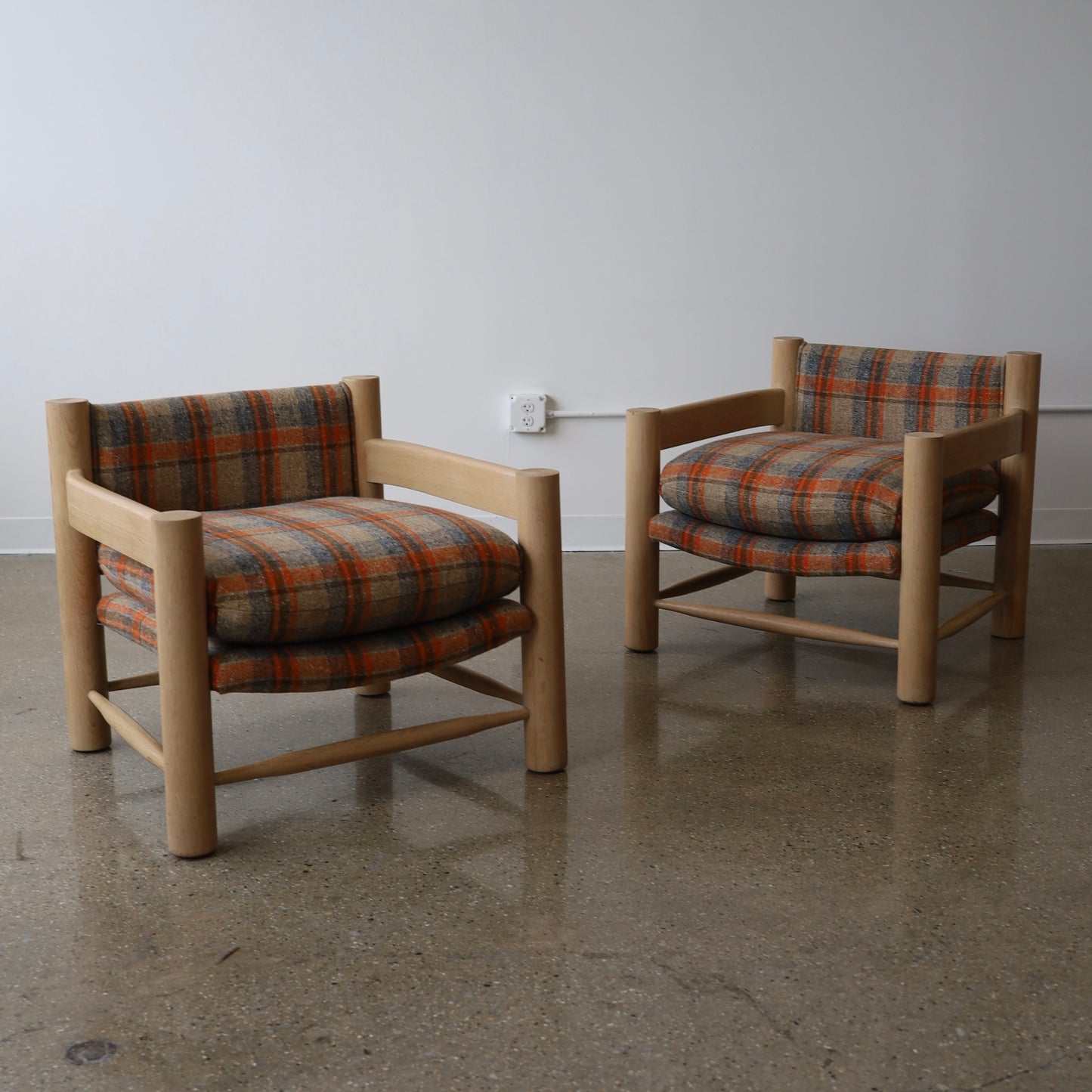 1980s White Oak Chairs in Pierre Frey Virgin Wool Plaid, a pair