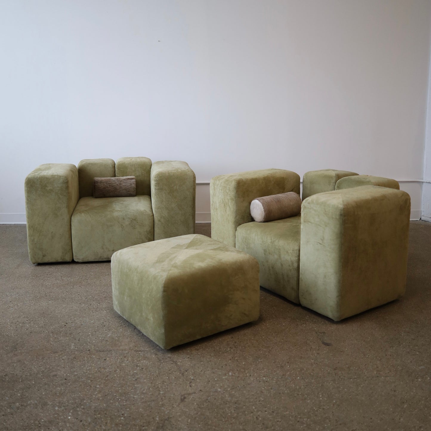 Giancarlo Piretti “Sistema 61” Lounge Chairs & Ottoman in Holly Hunt Suede