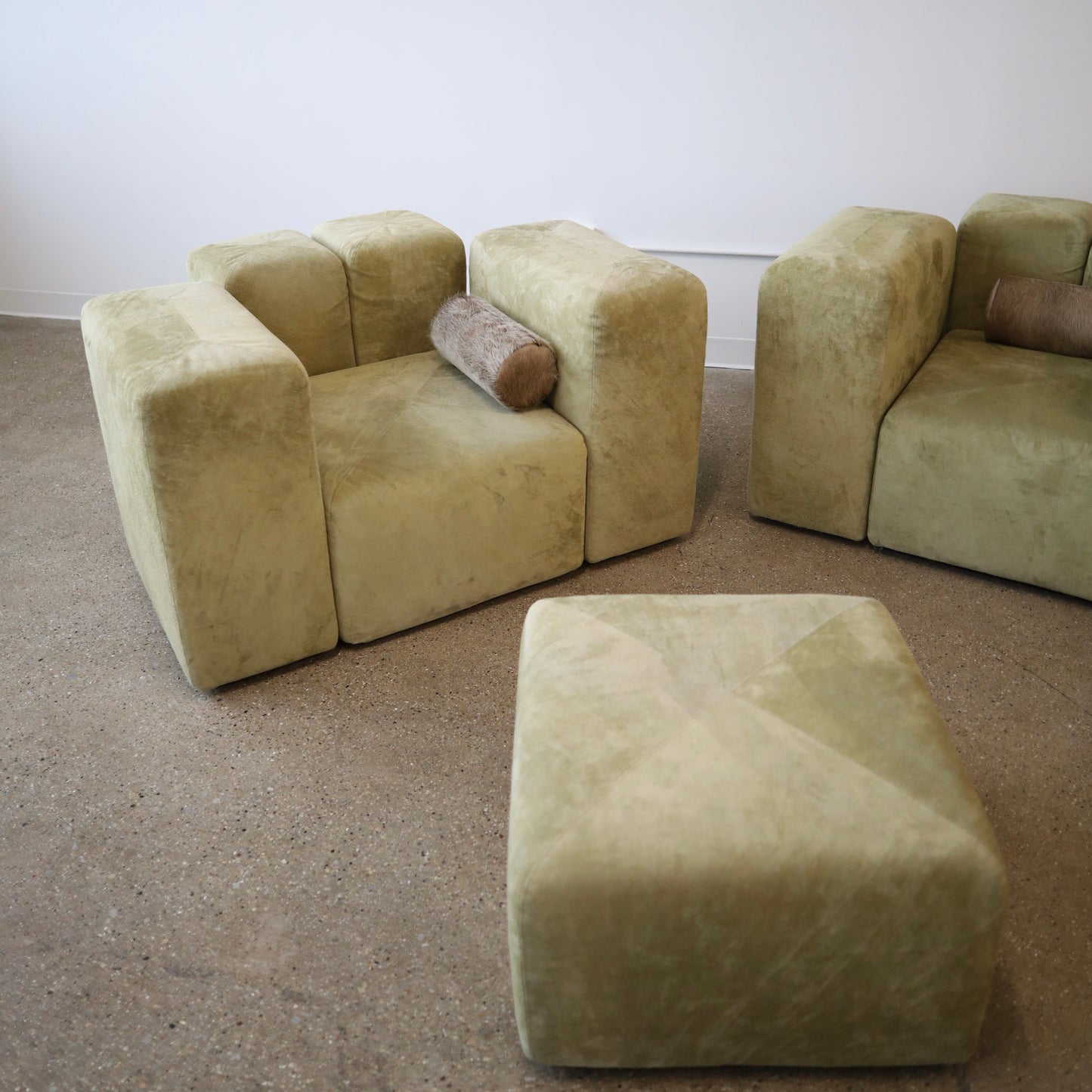 Giancarlo Piretti “Sistema 61” Lounge Chairs & Ottoman in Holly Hunt Suede