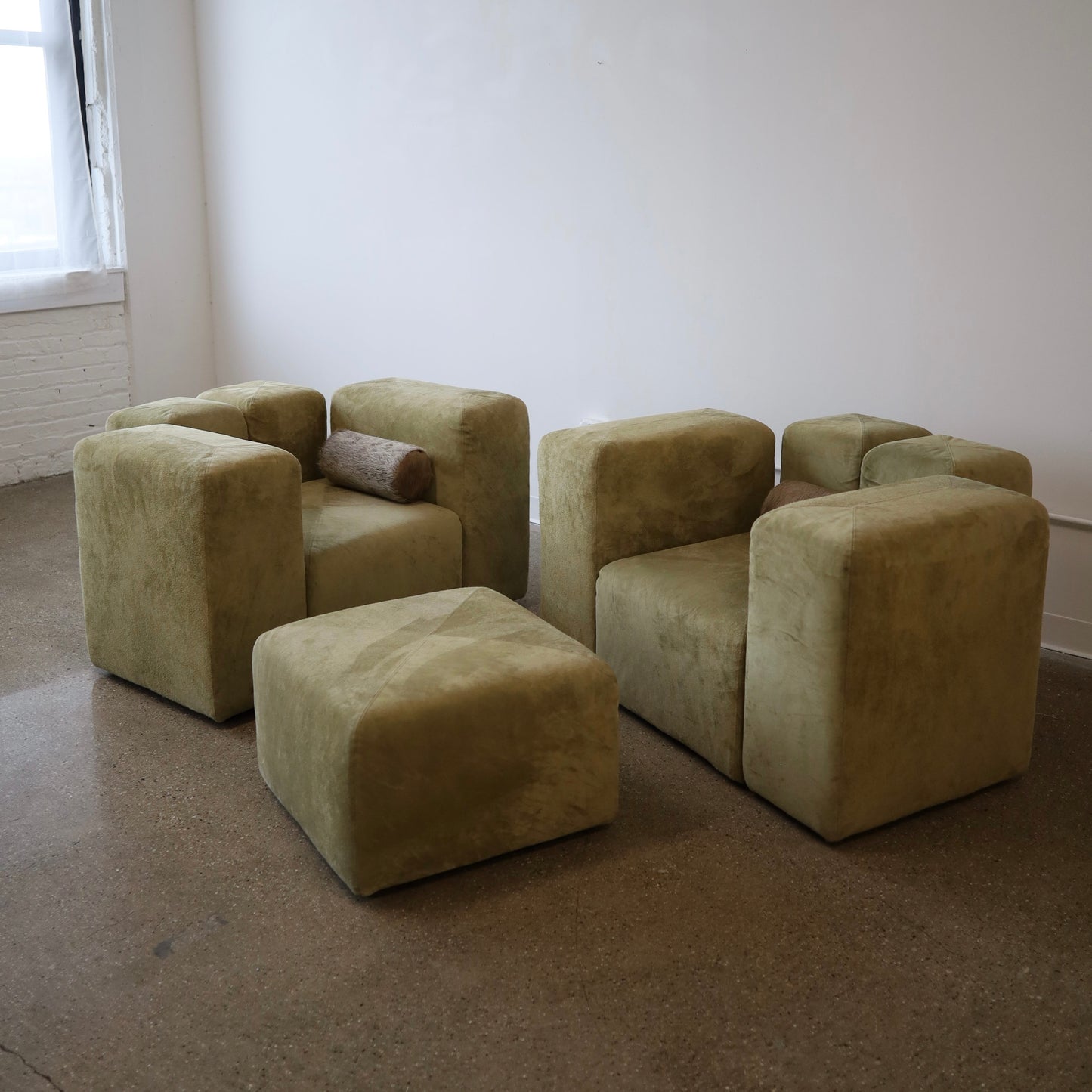 Giancarlo Piretti “Sistema 61” Lounge Chairs & Ottoman in Holly Hunt Suede