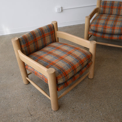 1980s White Oak Chairs in Pierre Frey Virgin Wool Plaid, a pair