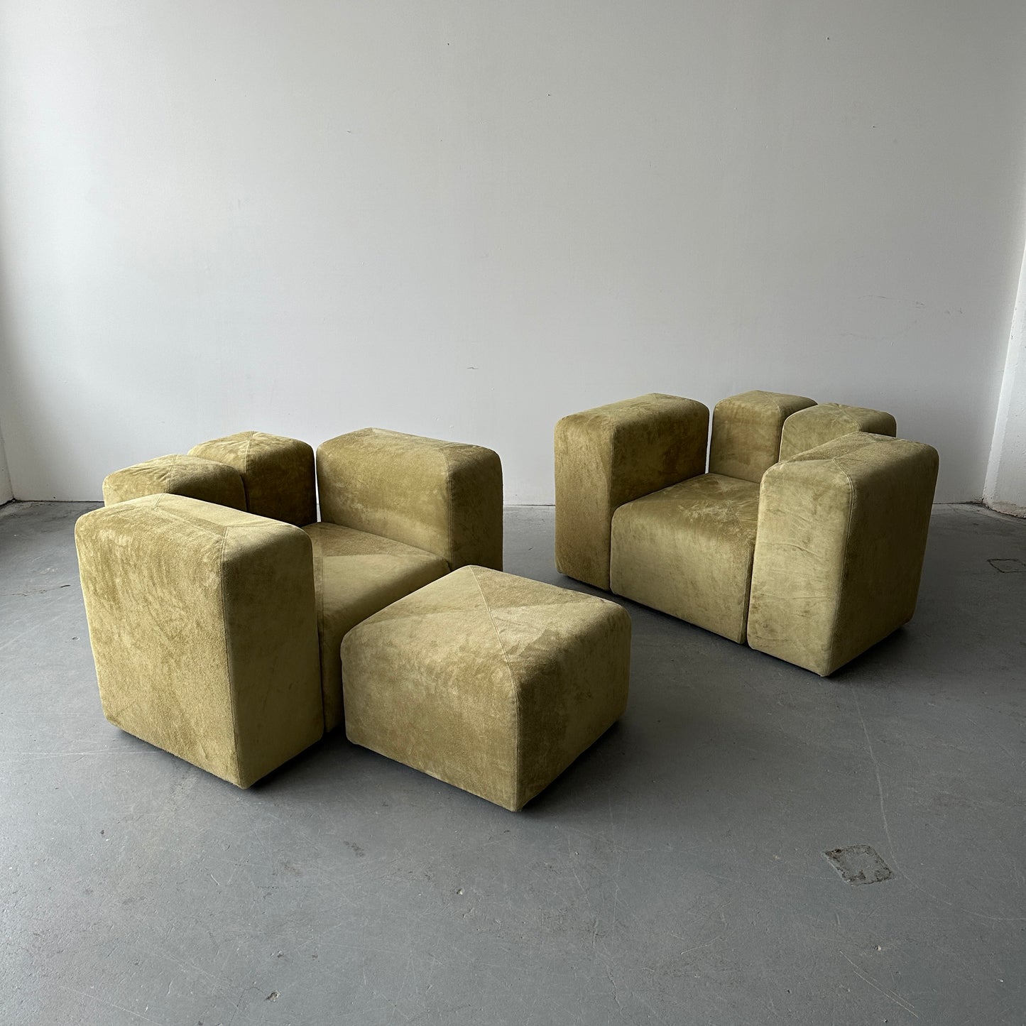 Giancarlo Piretti “Sistema 61” Lounge Chairs & Ottoman in Holly Hunt Suede
