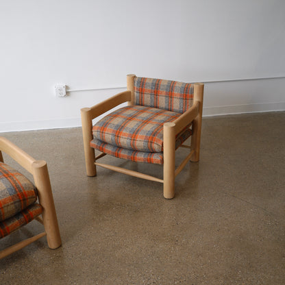 1980s White Oak Chairs in Pierre Frey Virgin Wool Plaid, a pair