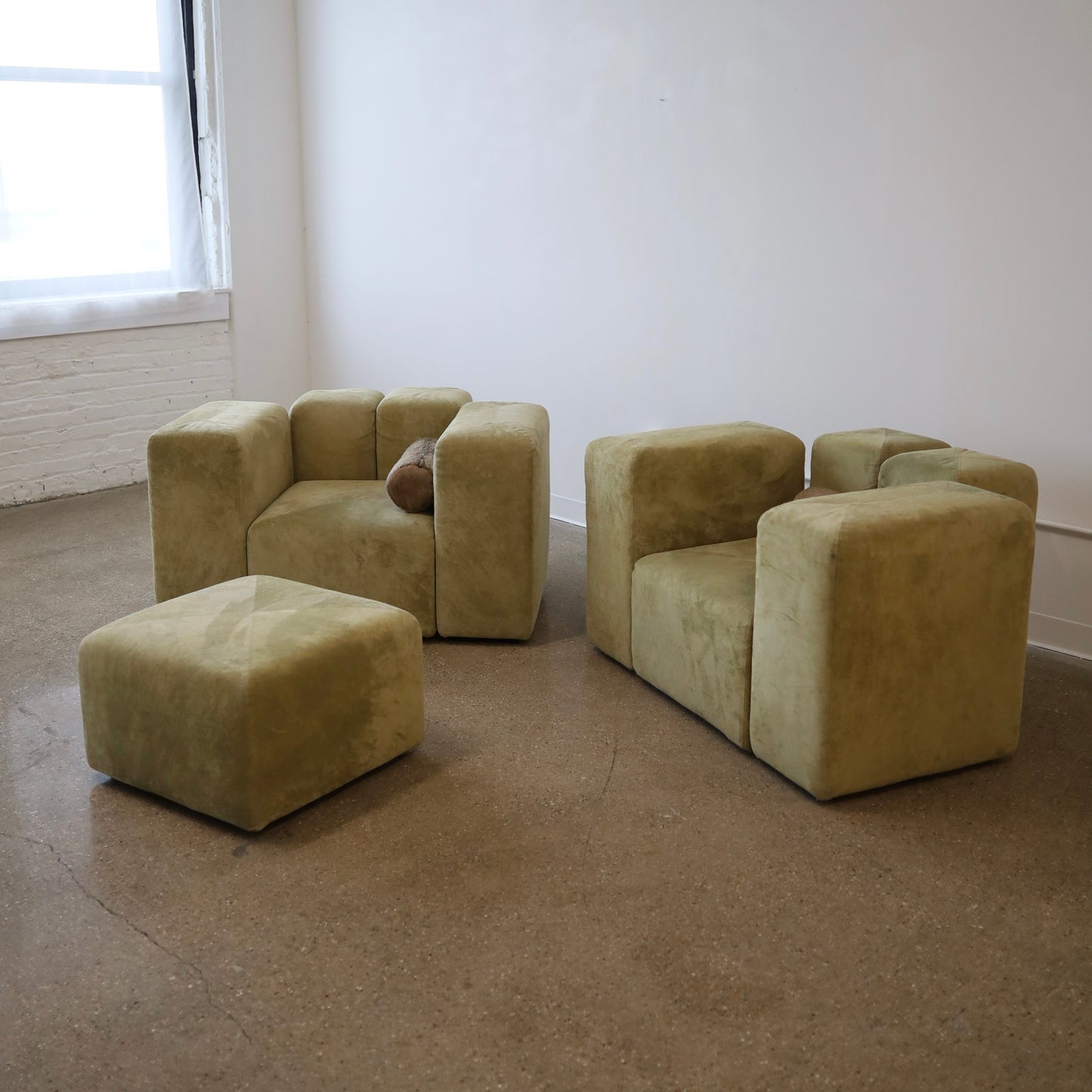 Giancarlo Piretti “Sistema 61” Lounge Chairs & Ottoman in Holly Hunt Suede