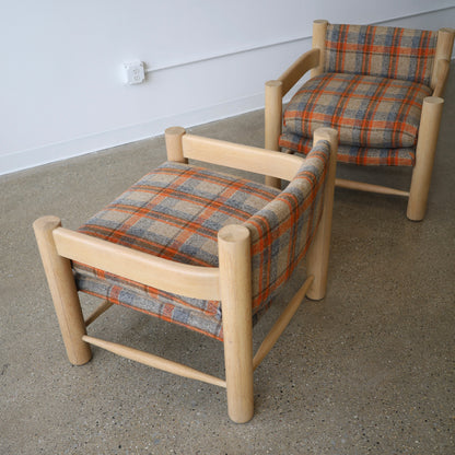 1980s White Oak Chairs in Pierre Frey Virgin Wool Plaid, a pair