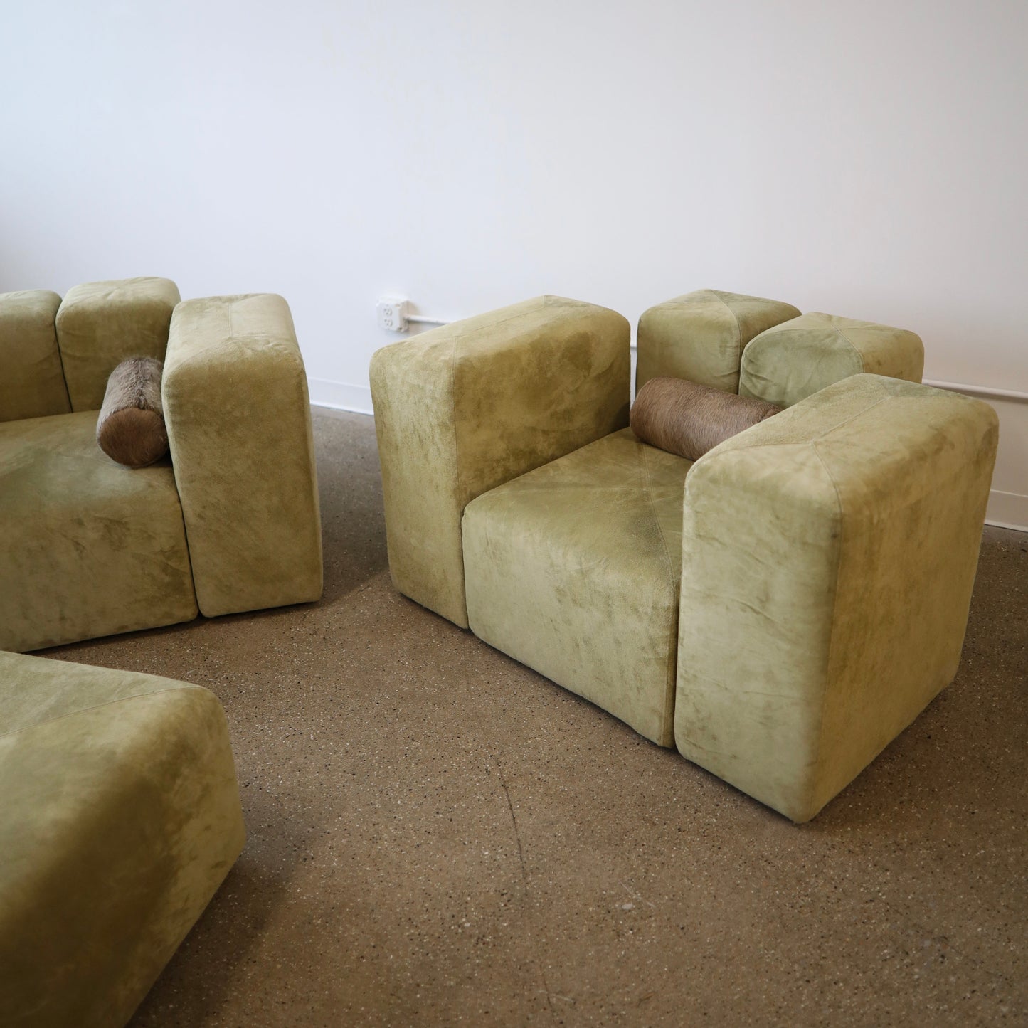 Giancarlo Piretti “Sistema 61” Lounge Chairs & Ottoman in Holly Hunt Suede