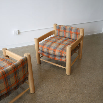 1980s White Oak Chairs in Pierre Frey Virgin Wool Plaid, a pair