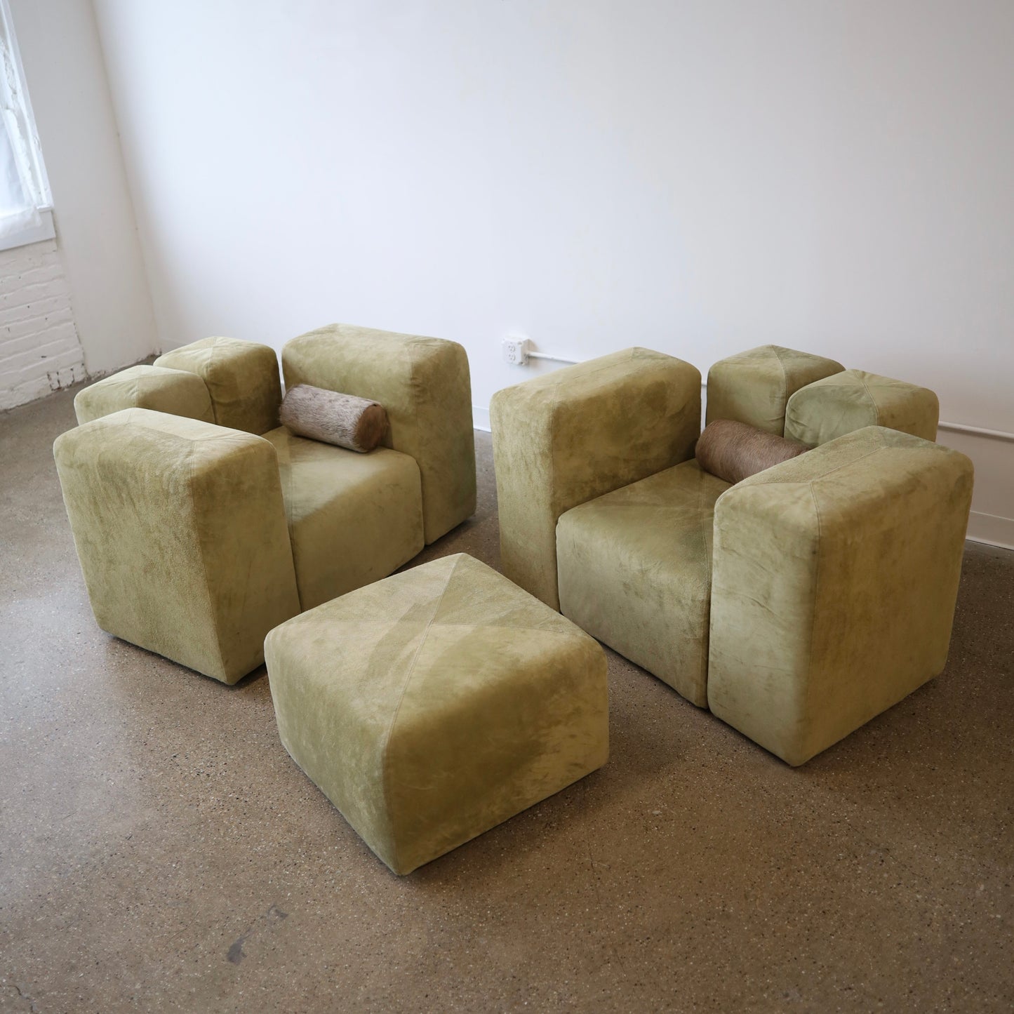 Giancarlo Piretti “Sistema 61” Lounge Chairs & Ottoman in Holly Hunt Suede