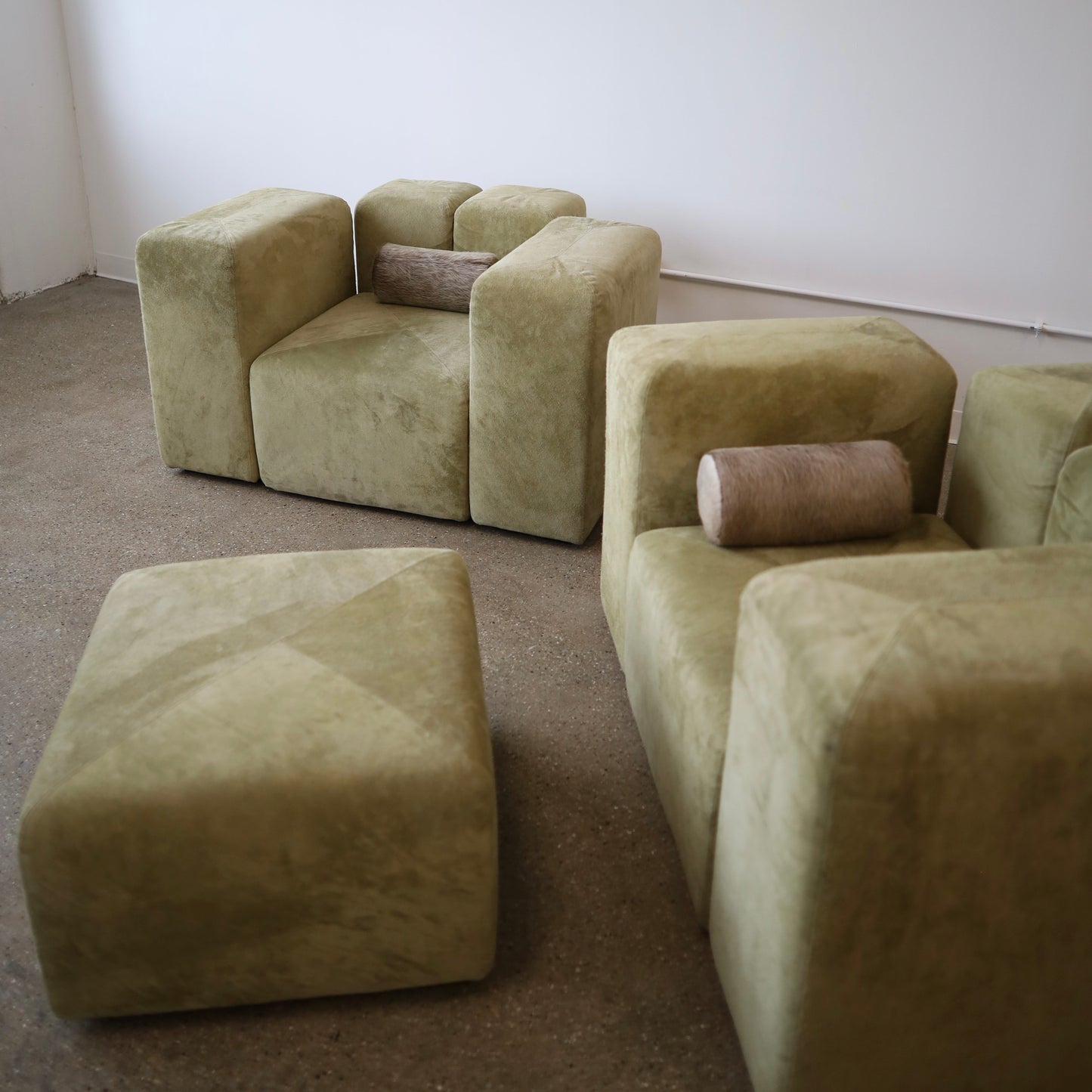 Giancarlo Piretti “Sistema 61” Lounge Chairs & Ottoman in Holly Hunt Suede