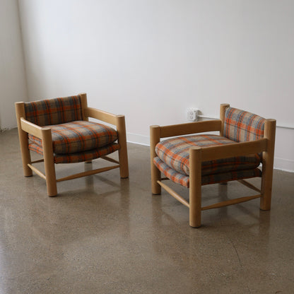 1980s White Oak Chairs in Pierre Frey Virgin Wool Plaid, a pair