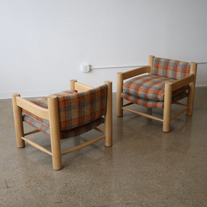 1980s White Oak Chairs in Pierre Frey Virgin Wool Plaid, a pair